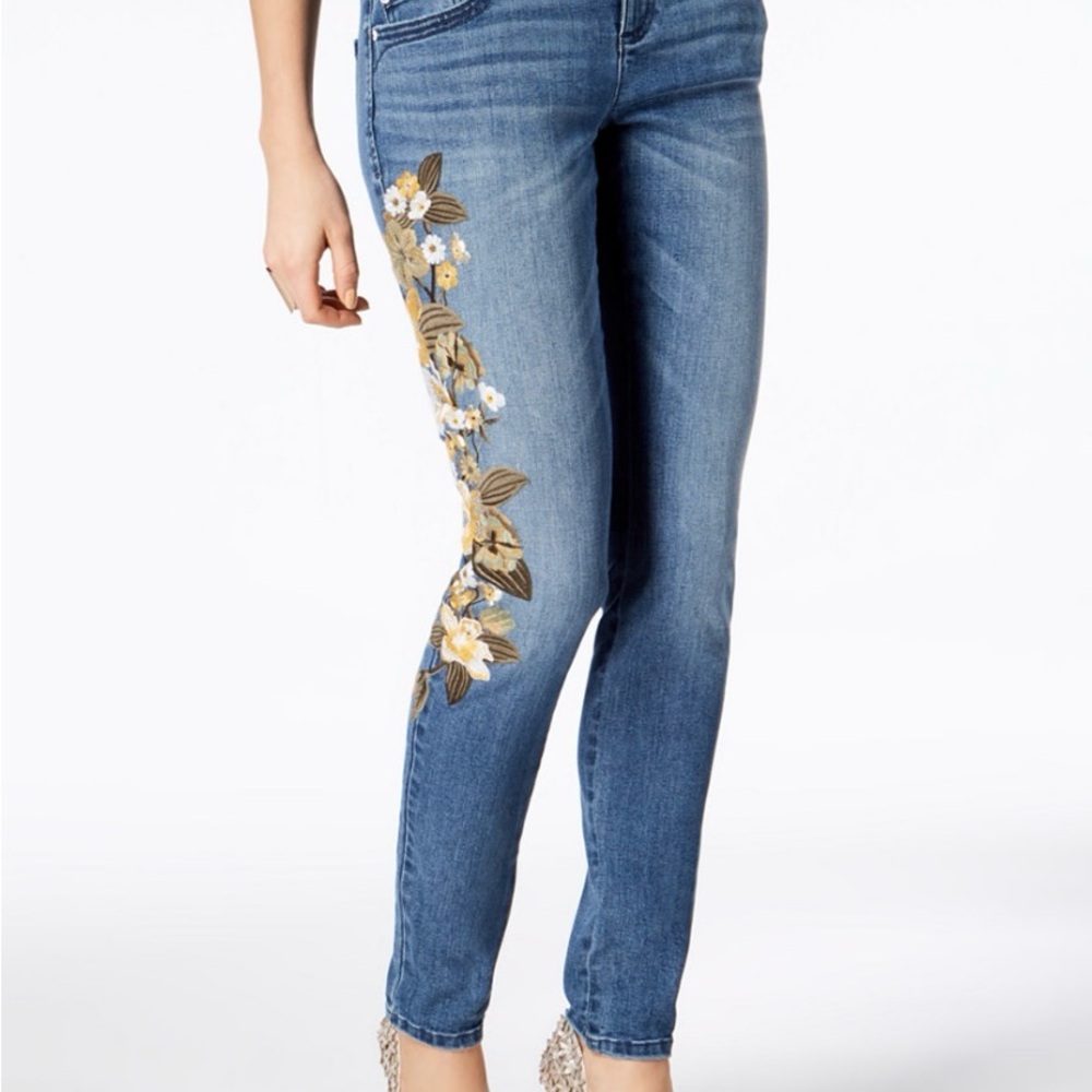 INC International Concepts 14W Skinny Jeans Blue Floral Embroidered Tummy Panel
